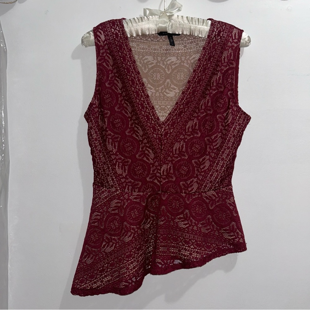 Red Lace Sleeveless Asymmetrical Top BCBGMaxAzria Avalon